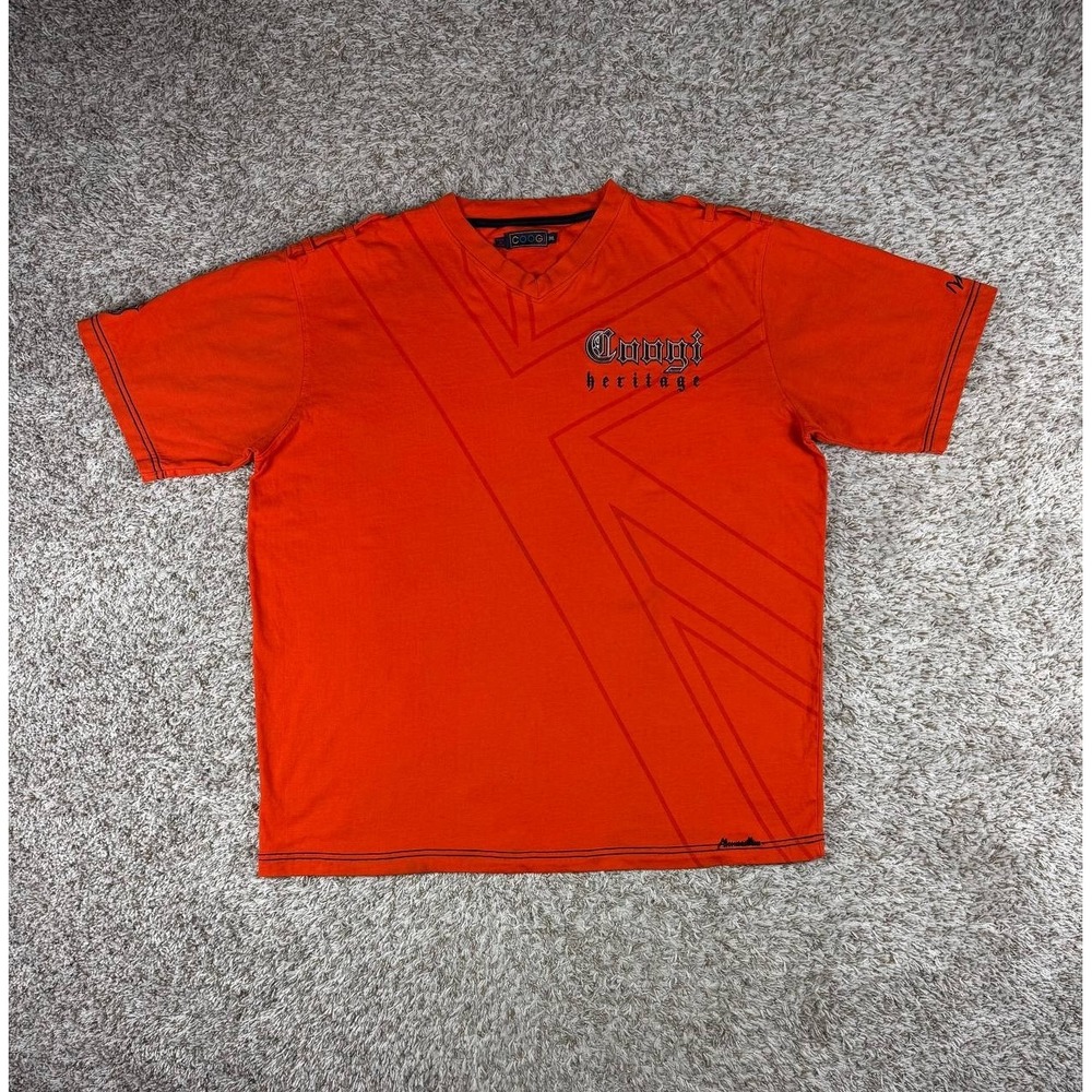 COOGI Heritage Men's 3XL Orange V-Neck Embroidered Logo Graphic T-Shirt Y2K